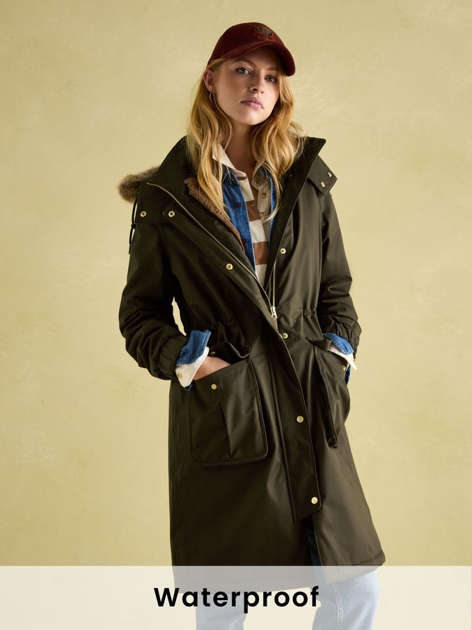 Harpsden Cosy Khaki Green Waterproof Fleece Lined Raincoat with Faux Fur Hood (K96520) | £199
