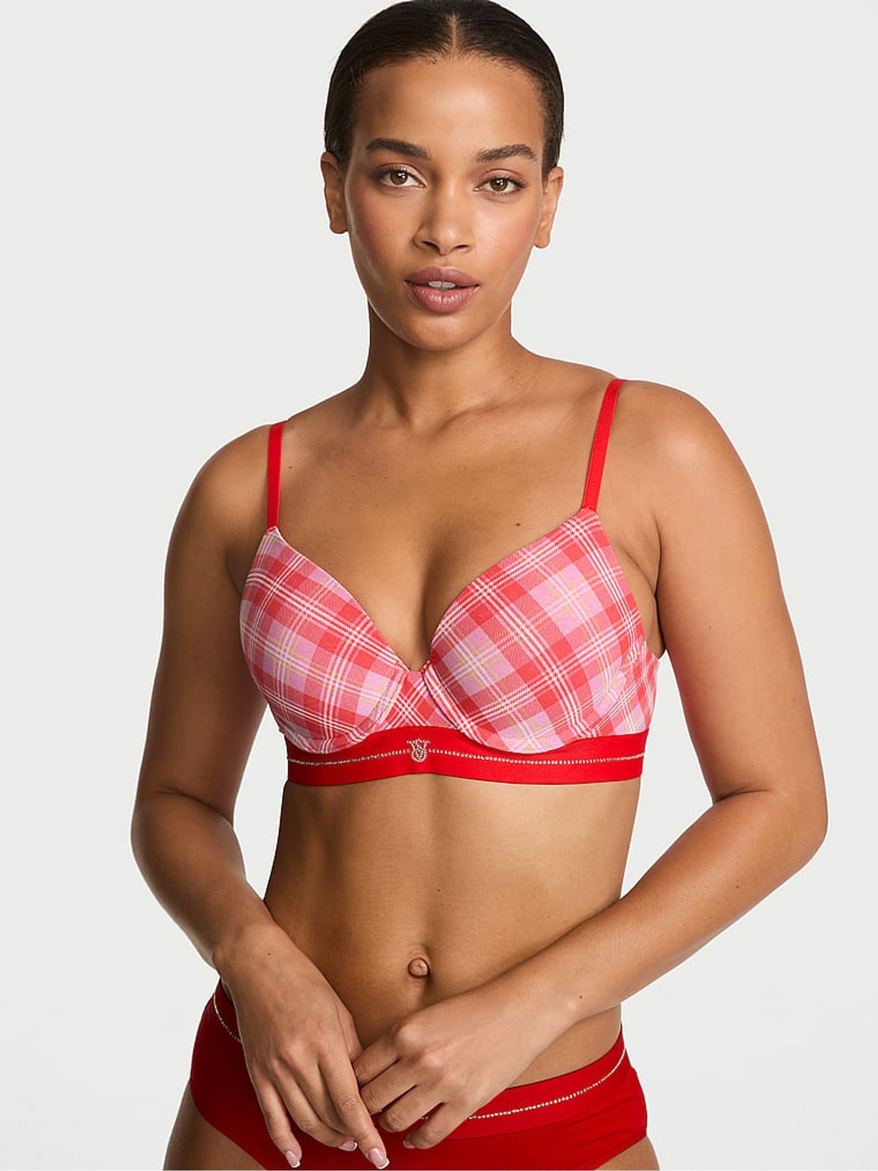 Red & Pink Tartan - Full Cup Push Up Shine Logo Cotton Bra