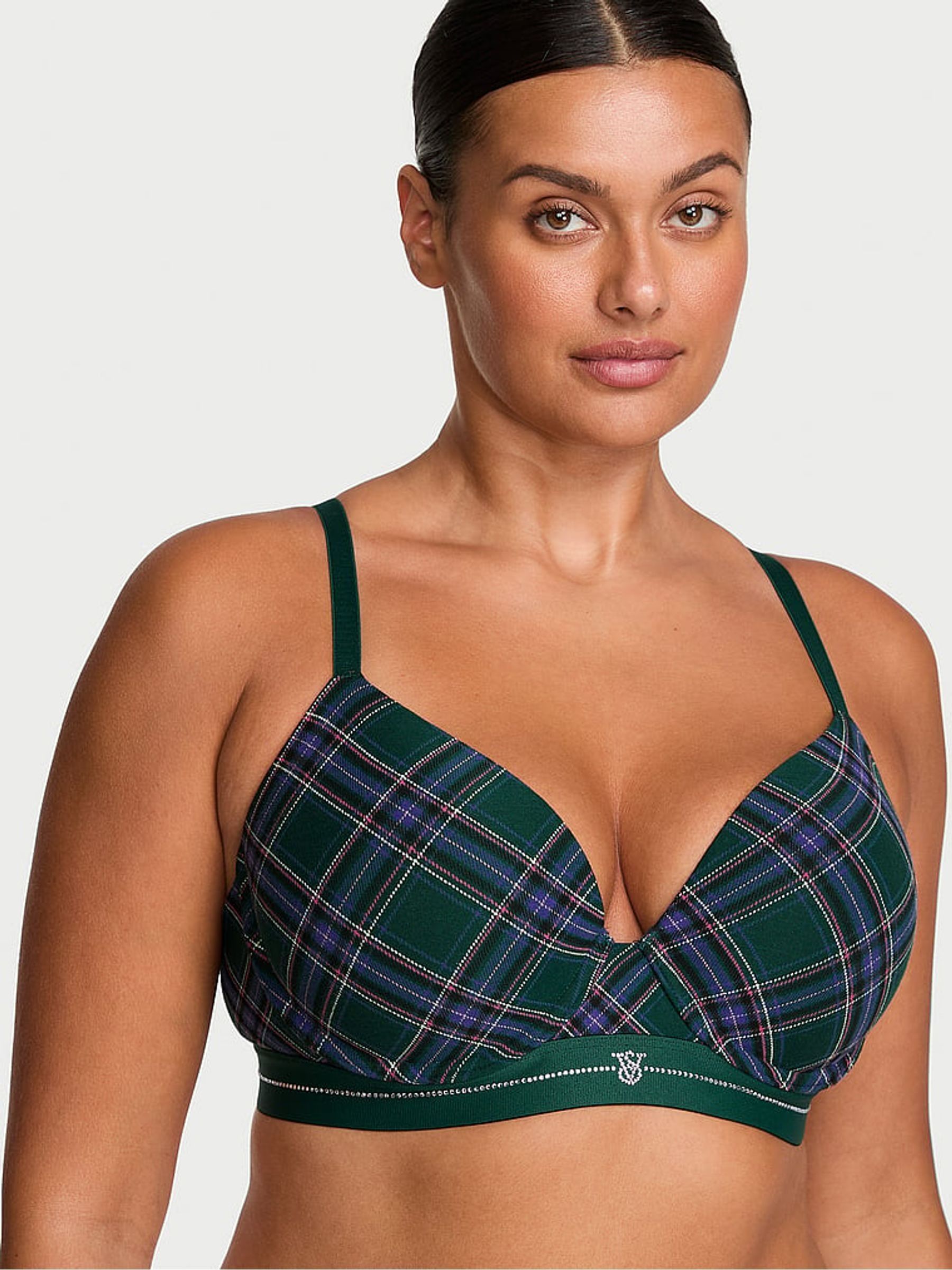 Green Tartan - Full Cup Push Up Shine Logo Cotton Bra