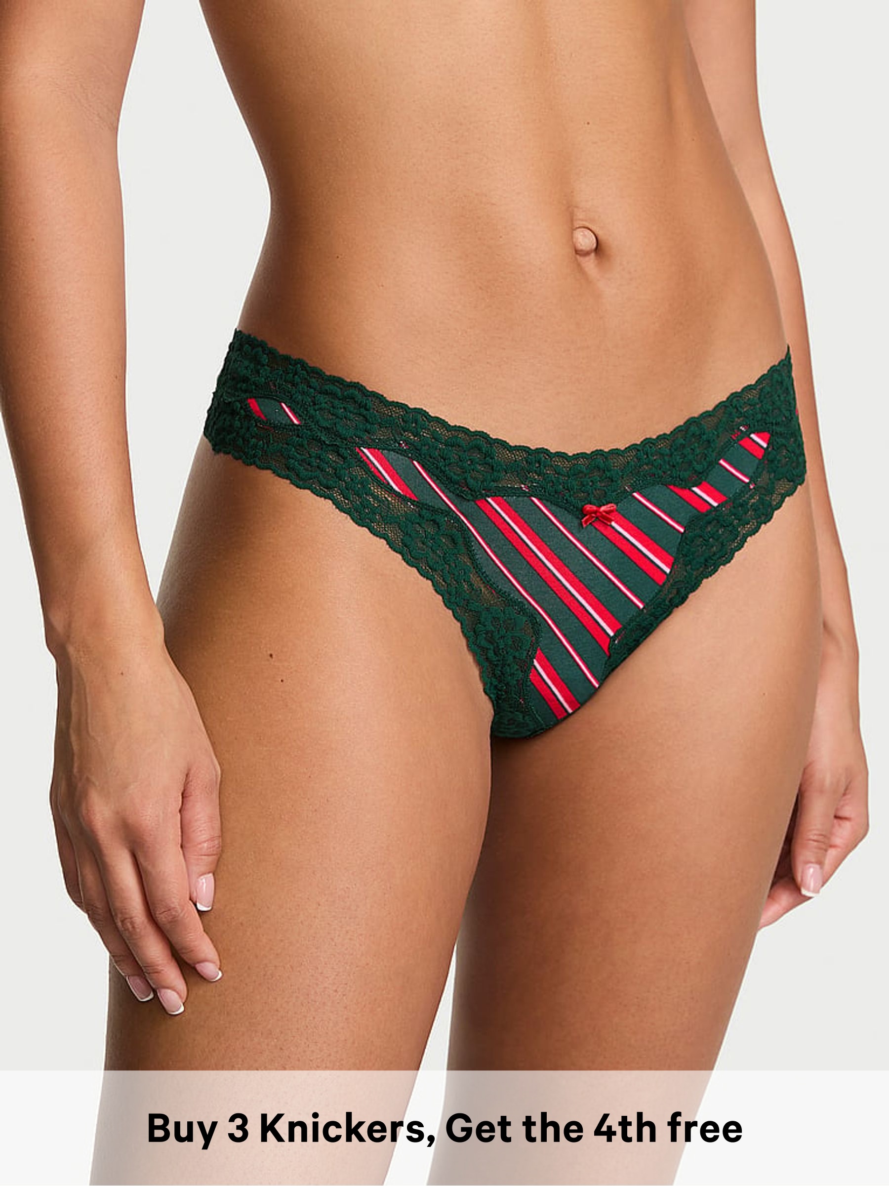 Red & Green Candy Cane Stripe - Cheeky Cotton Lace Trim Knickers