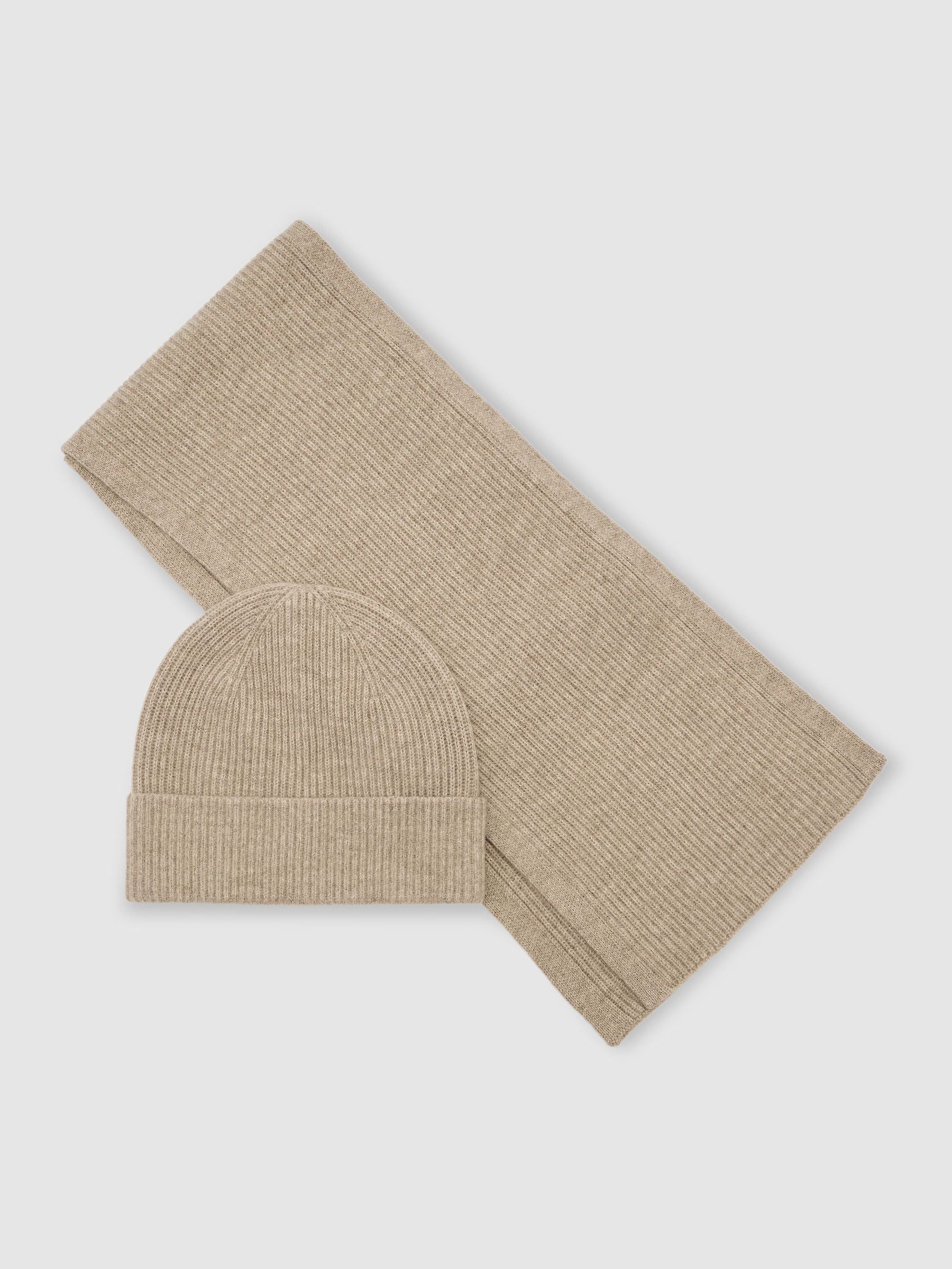 Oatmeal - Regular Merino Wool Rib-knit Scarf And Beanie Set
