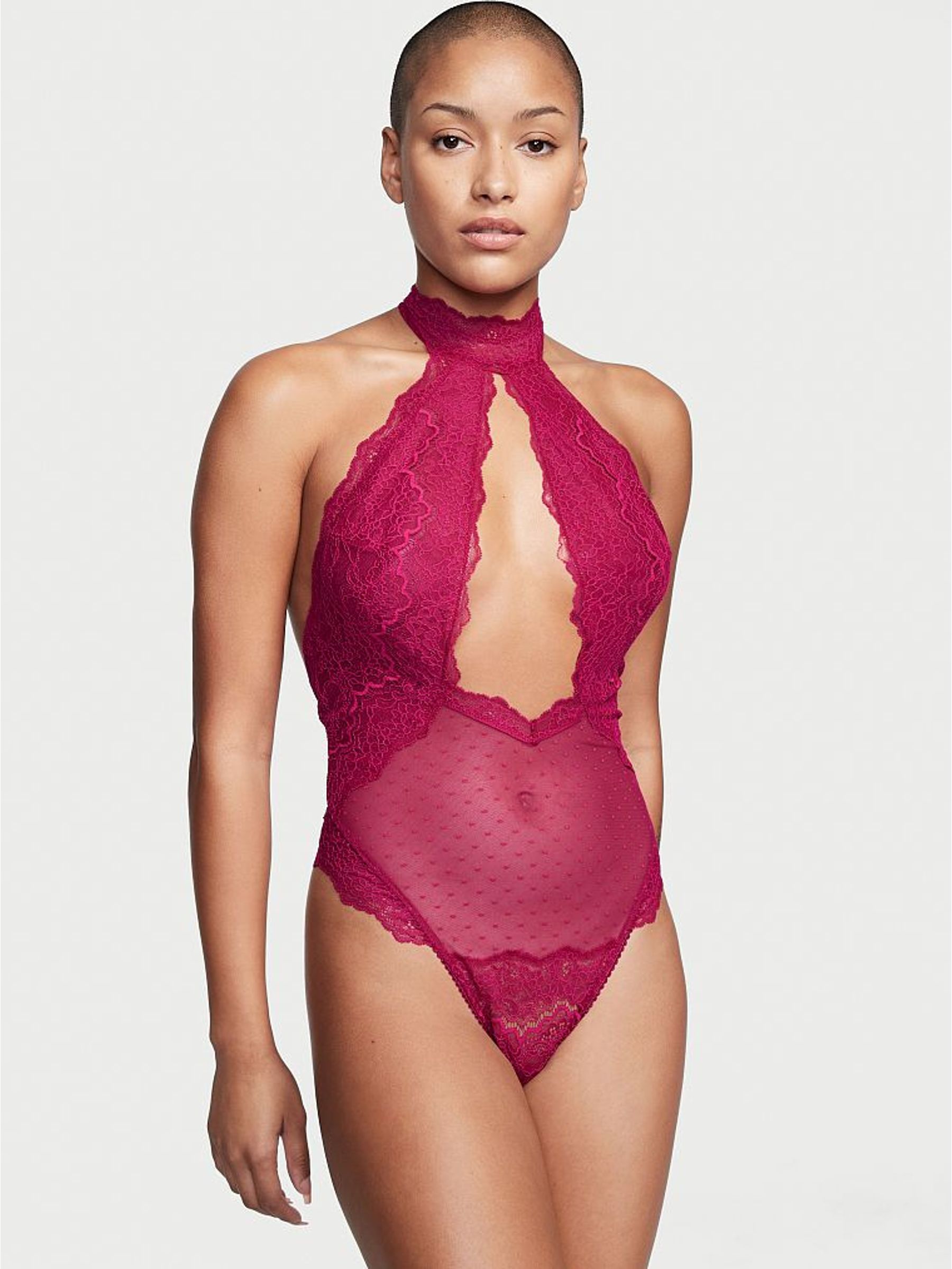 Claret Red High Neck Mesh Lace Up Bodysuit (L81954) | £25