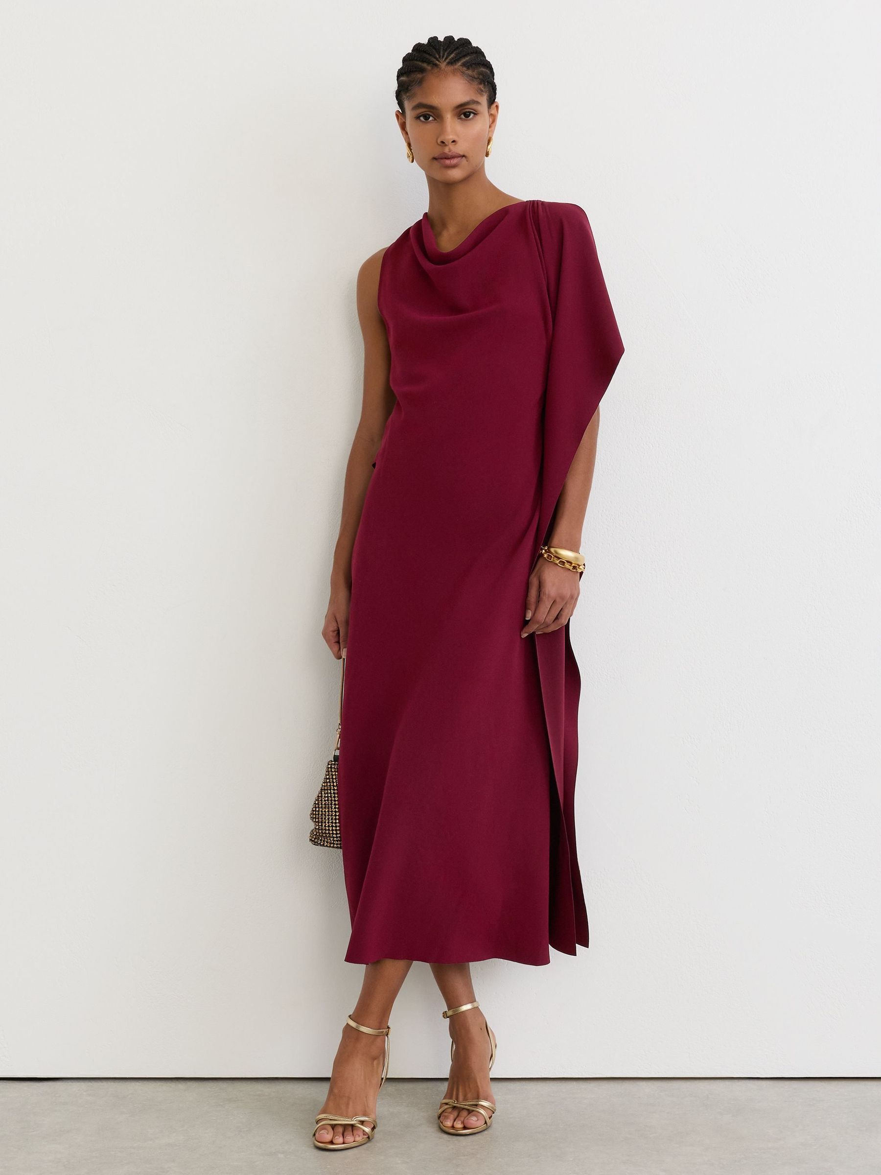 Red - Drape-detail Cowl-neck Midi Dress