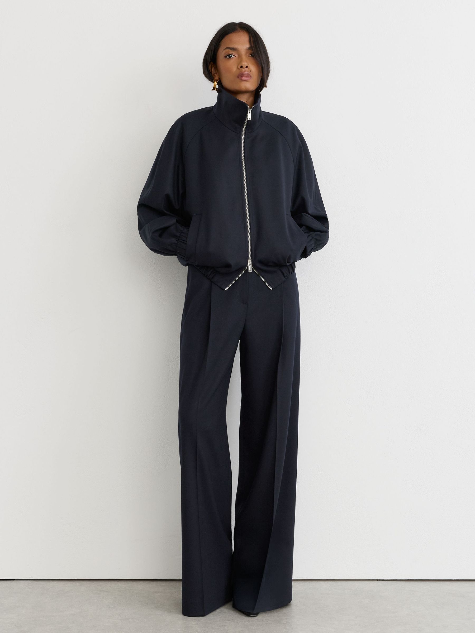 Navy - Wool-blend Dual-zip Bomber Jacket