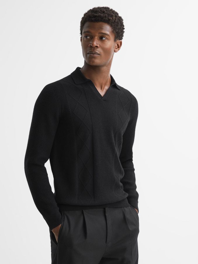 Wool Open Collar Top in Black (M47942) | £48