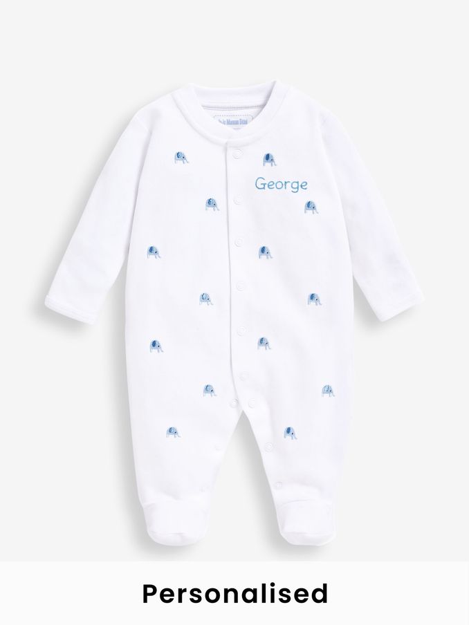 Blue Elephant Personalised Embroidered Cotton Baby Sleepsuit (N00959) | £27