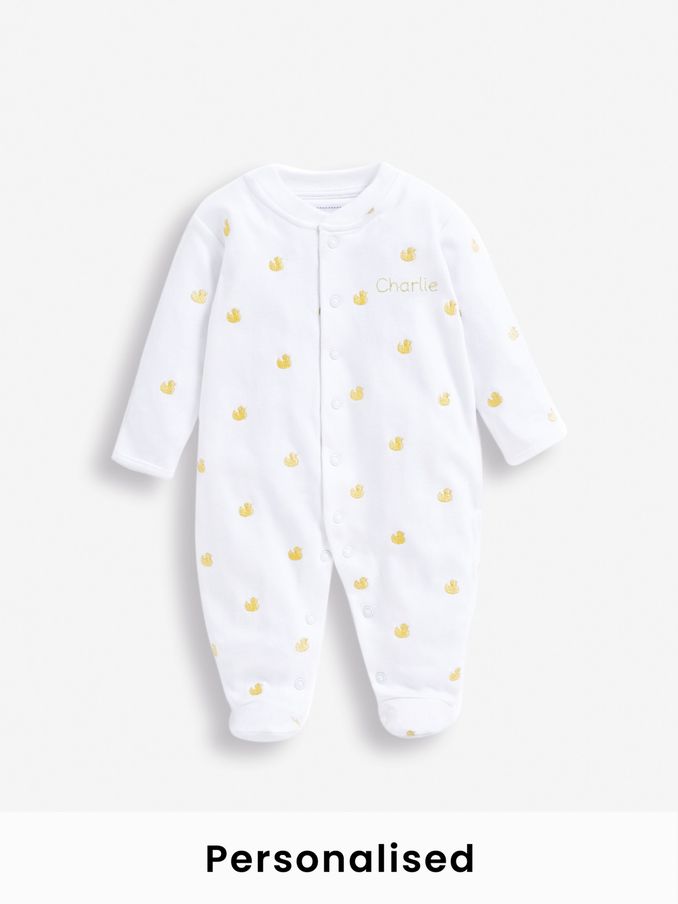 Yellow Duck Personalised Embroidered Cotton Baby Sleepsuit (N00960) | £27