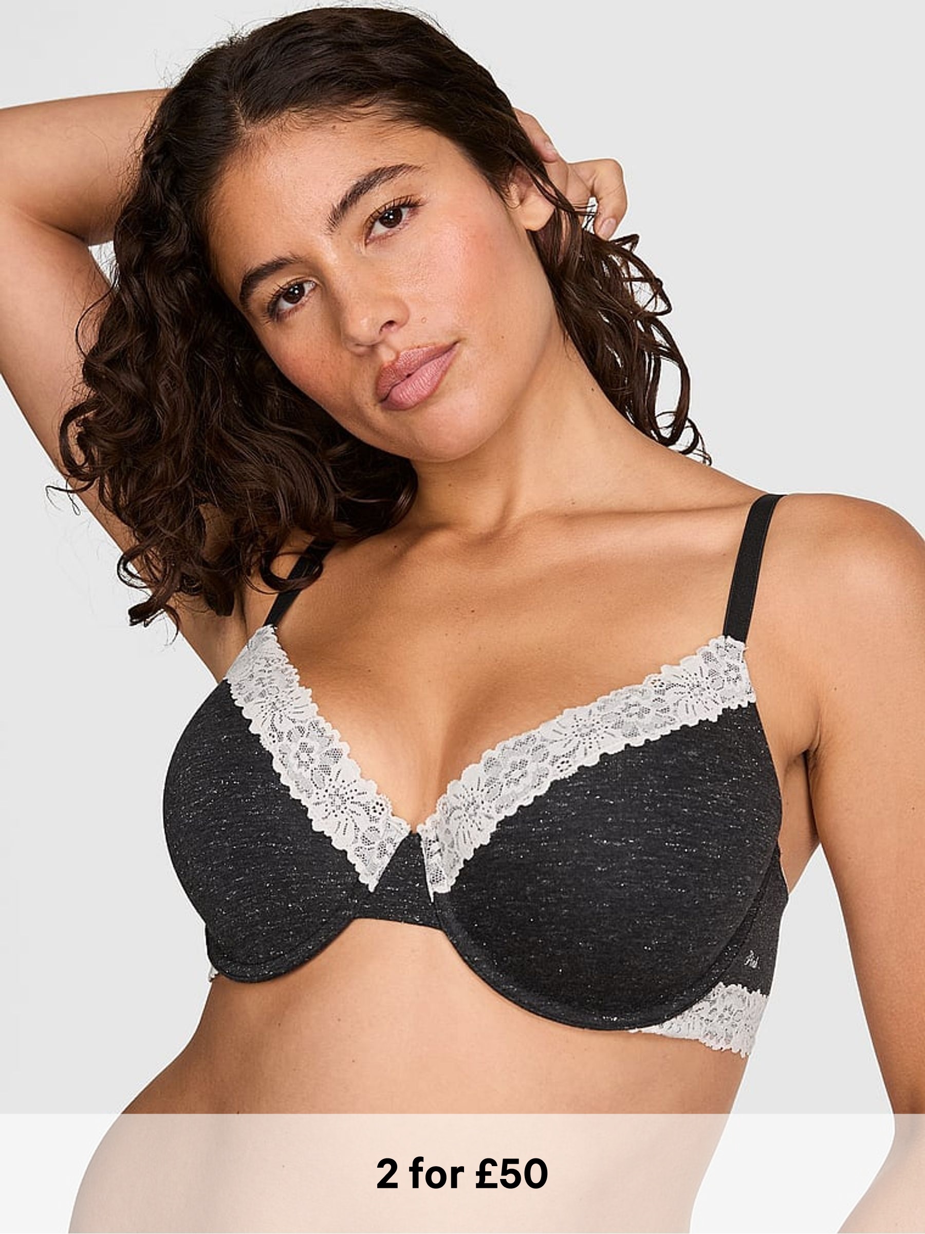 Charcoal Heather Grey - Lightly Lined Cotton Heather Lace Trim Bra