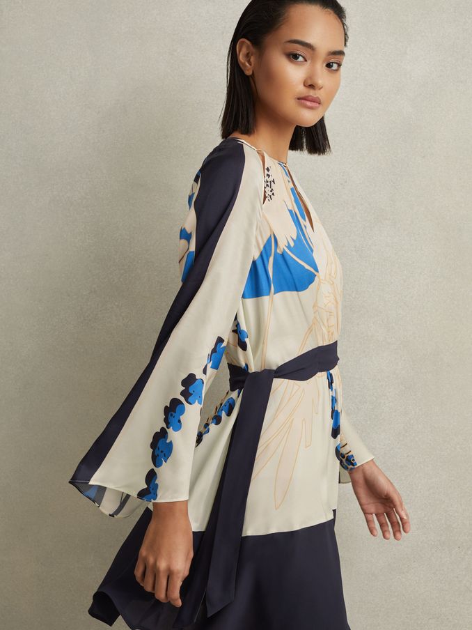 Printed Side Tie Mini Dress in Navy/Blue (N21554) | £52