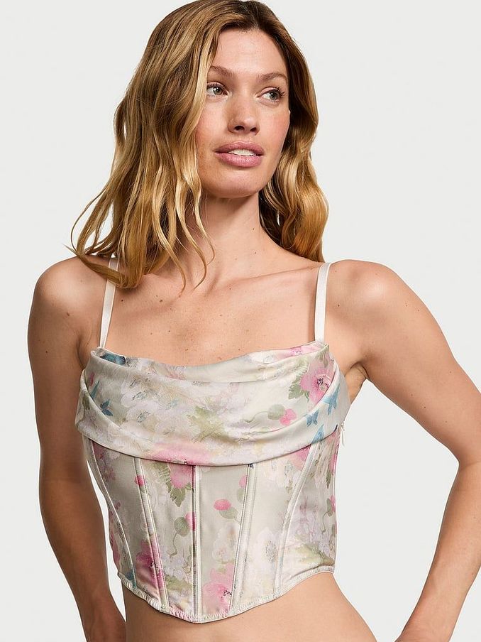 Pink Delicate Garden Print Satin Cowl Neck Corset Bra Top (N26151) | £49