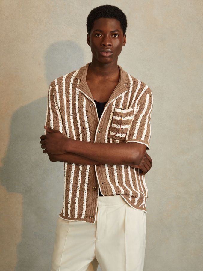 Oversized Crochet Striped Cuban Collar Shirt in Camel/White (N26663) | £48