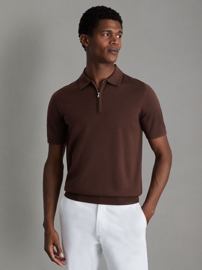 Merino Wool Half-Zip Polo Shirt in Treacle Brown (N26732) | £38