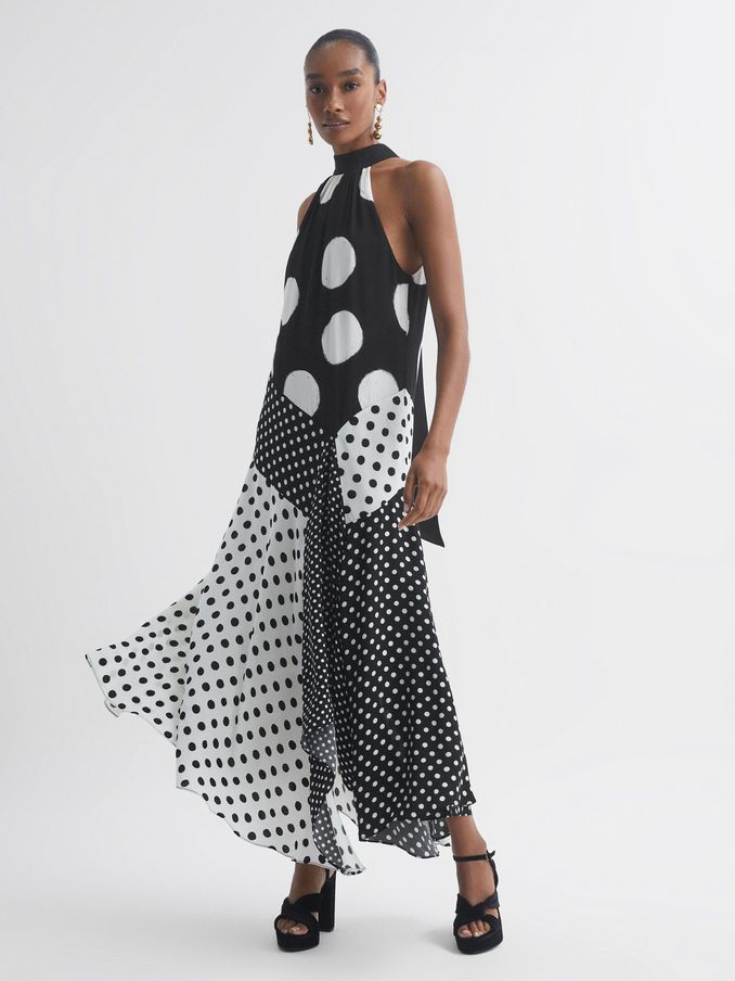 Florere Polka Dot Asymmetric Midi Dress in Black/White (N29888) | £74