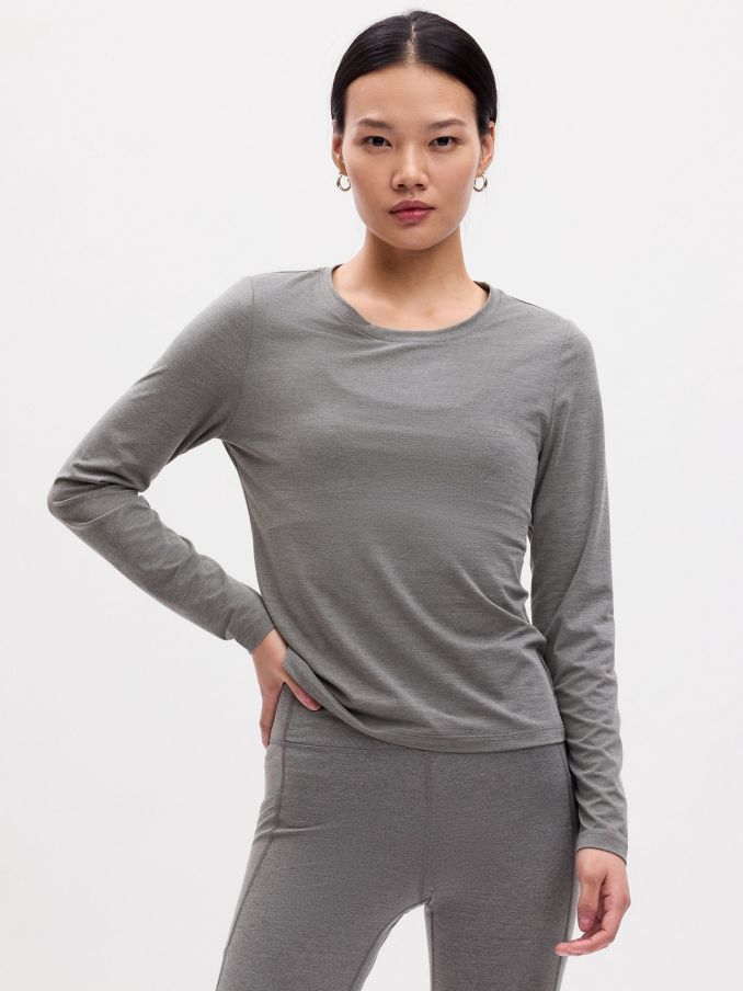 Grey Fitted Ruched Long Sleeve Crew Neck Top (N30510) | £13