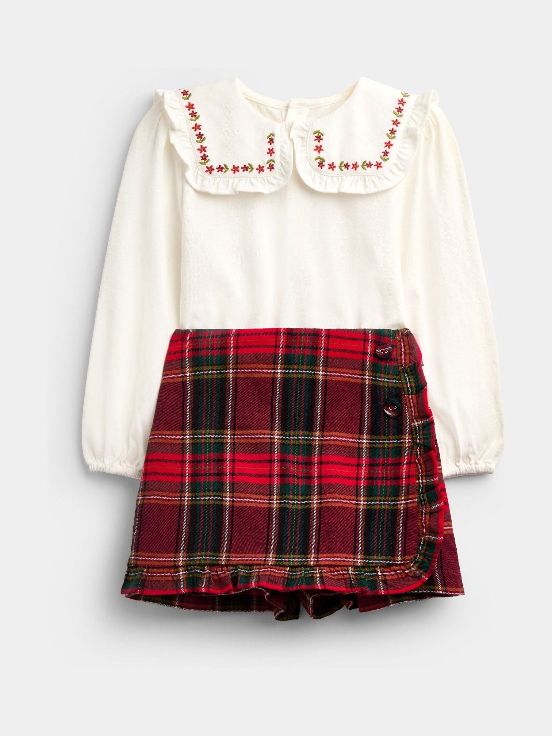 Burgundy Red Tartan - Tartan Skort And Jersey Embroidered Top