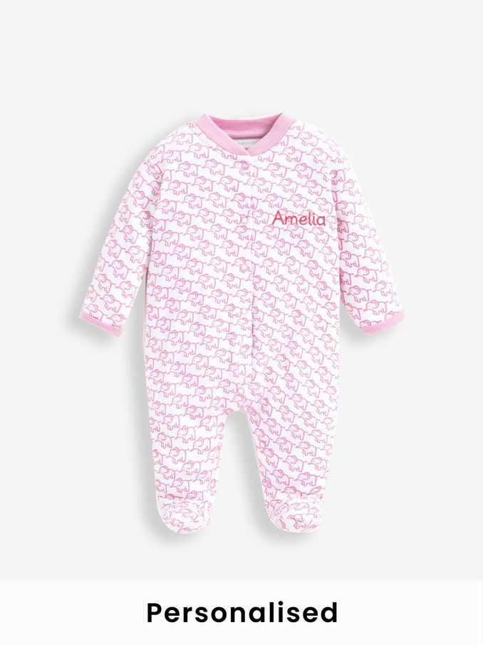 Pink Personalised Little Elephants Cotton Baby Sleepsuit (N42032) | £26.50