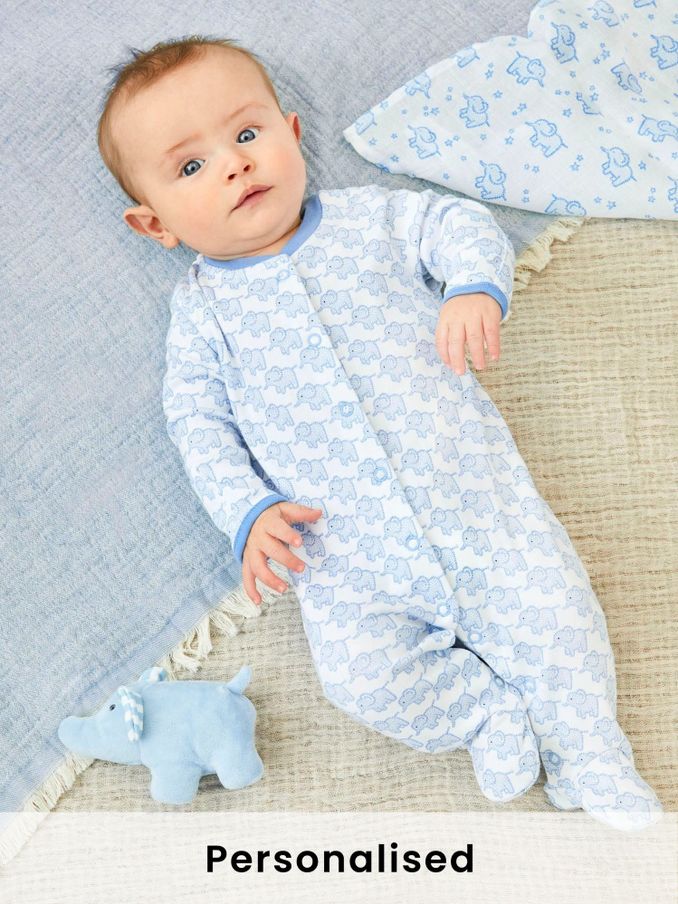 Blue Personalised Little Elephants Cotton Baby Sleepsuit (N42033) | £26.50
