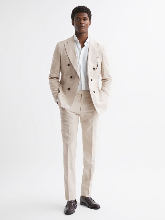 Slim Fit Cotton-Linen Check Adjustable Trousers in Oatmeal (N43508) | £65