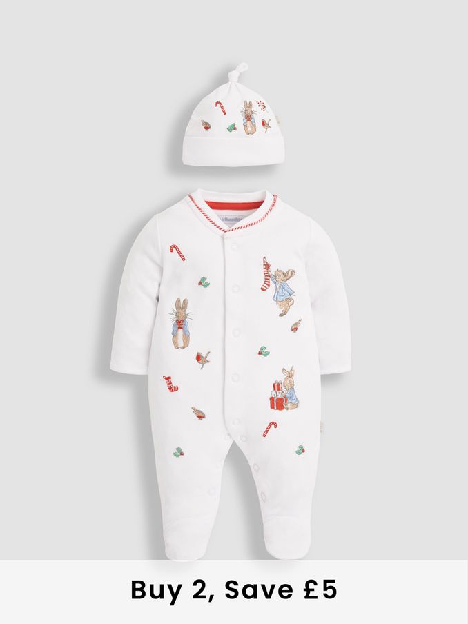 White Peter Rabbit Christmas Cotton Baby Sleepsuit & Hat Set (N46018) | £29