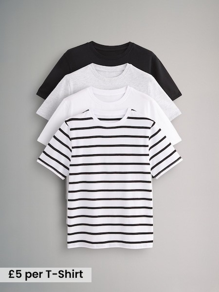 Black/Grey/White/Stripe - 4 Pack Short Sleeved Relaxed T-Shirts (N47120) | £20
