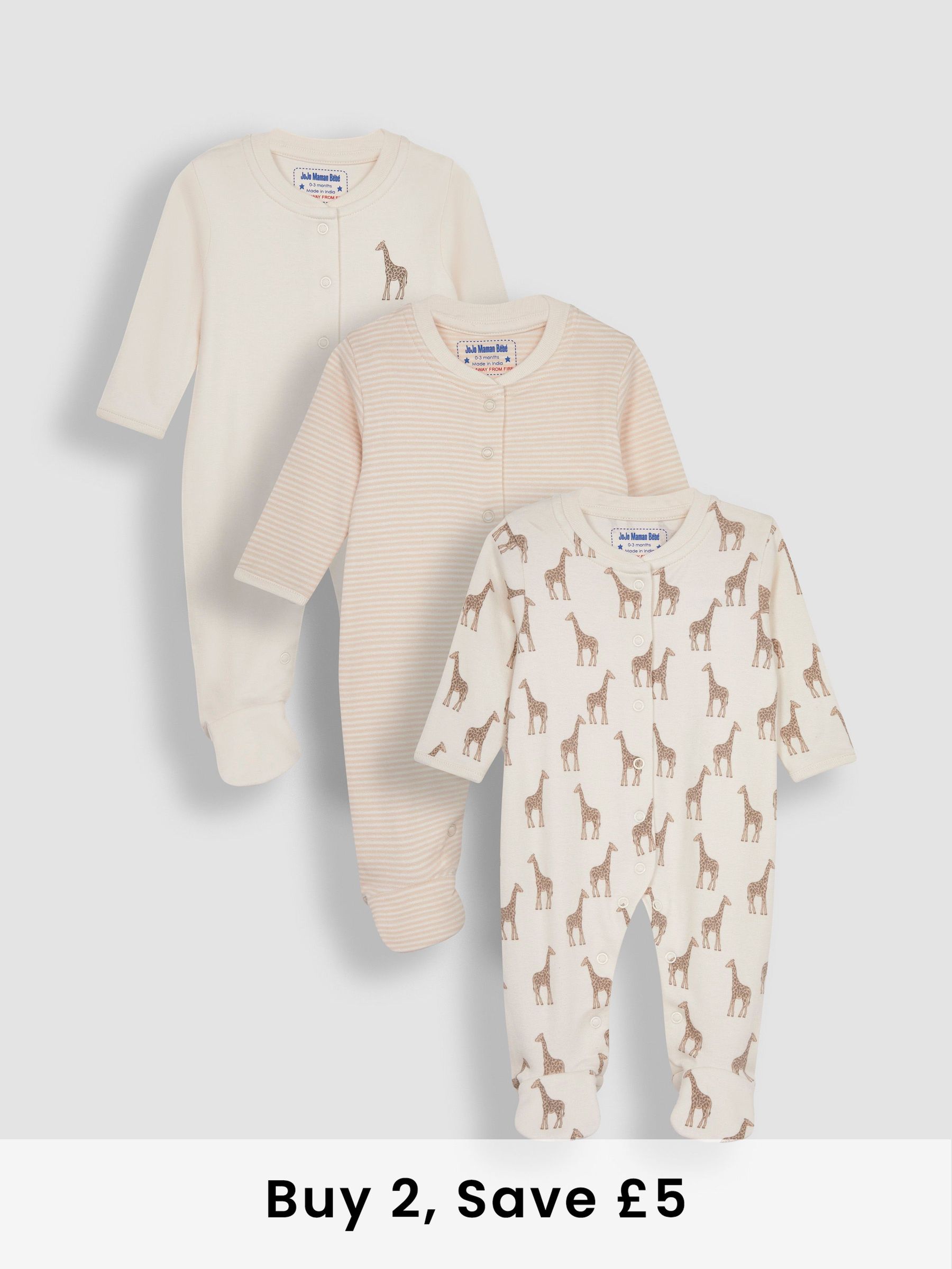 Natural Giraffe Cotton Footed Animal Print Sleepsuits 3-Pack (N49447) | £29.50