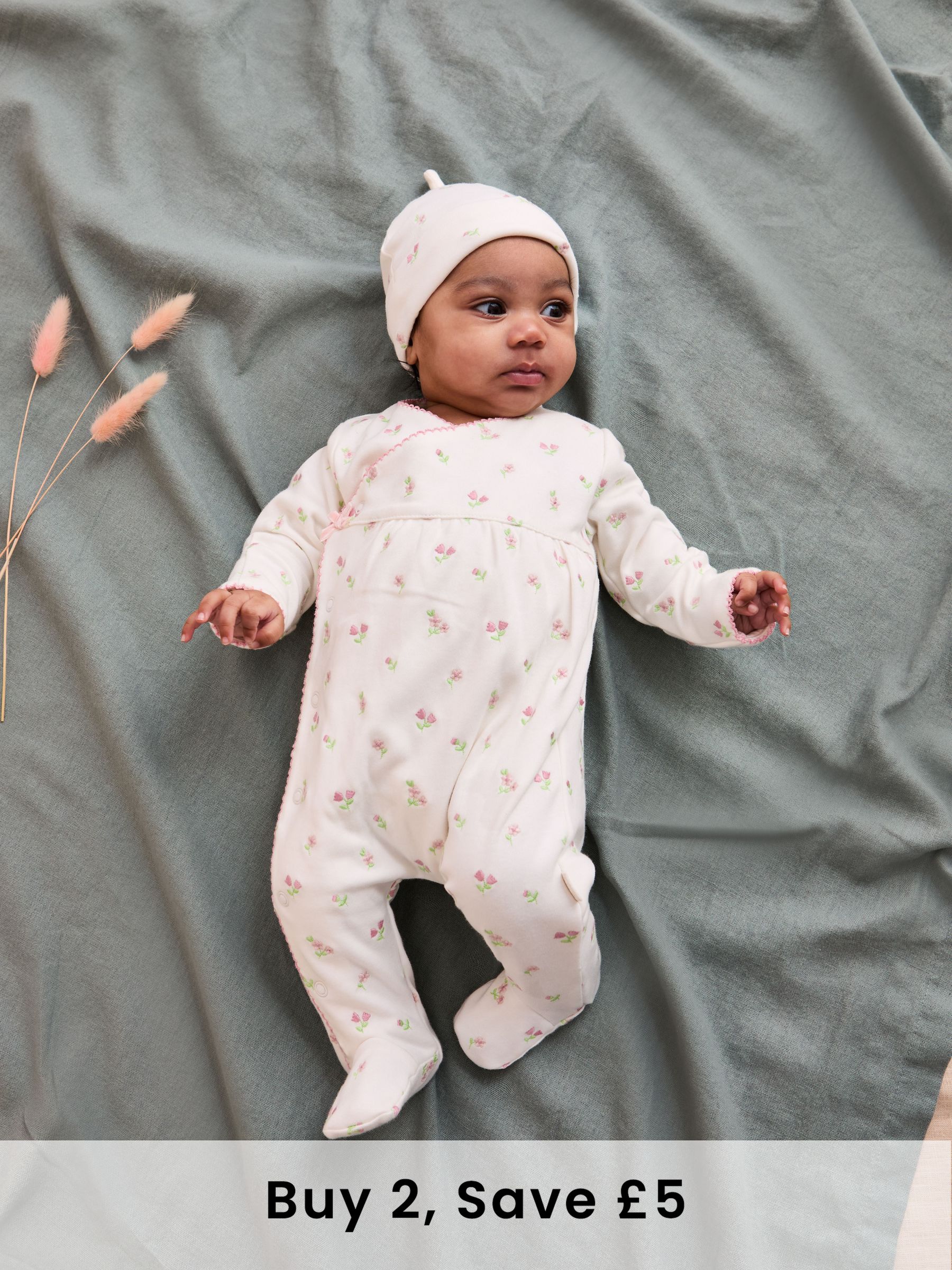 Floral Embroidered Pretty Sleepsuit & Hat in Cream (N49483) | £26
