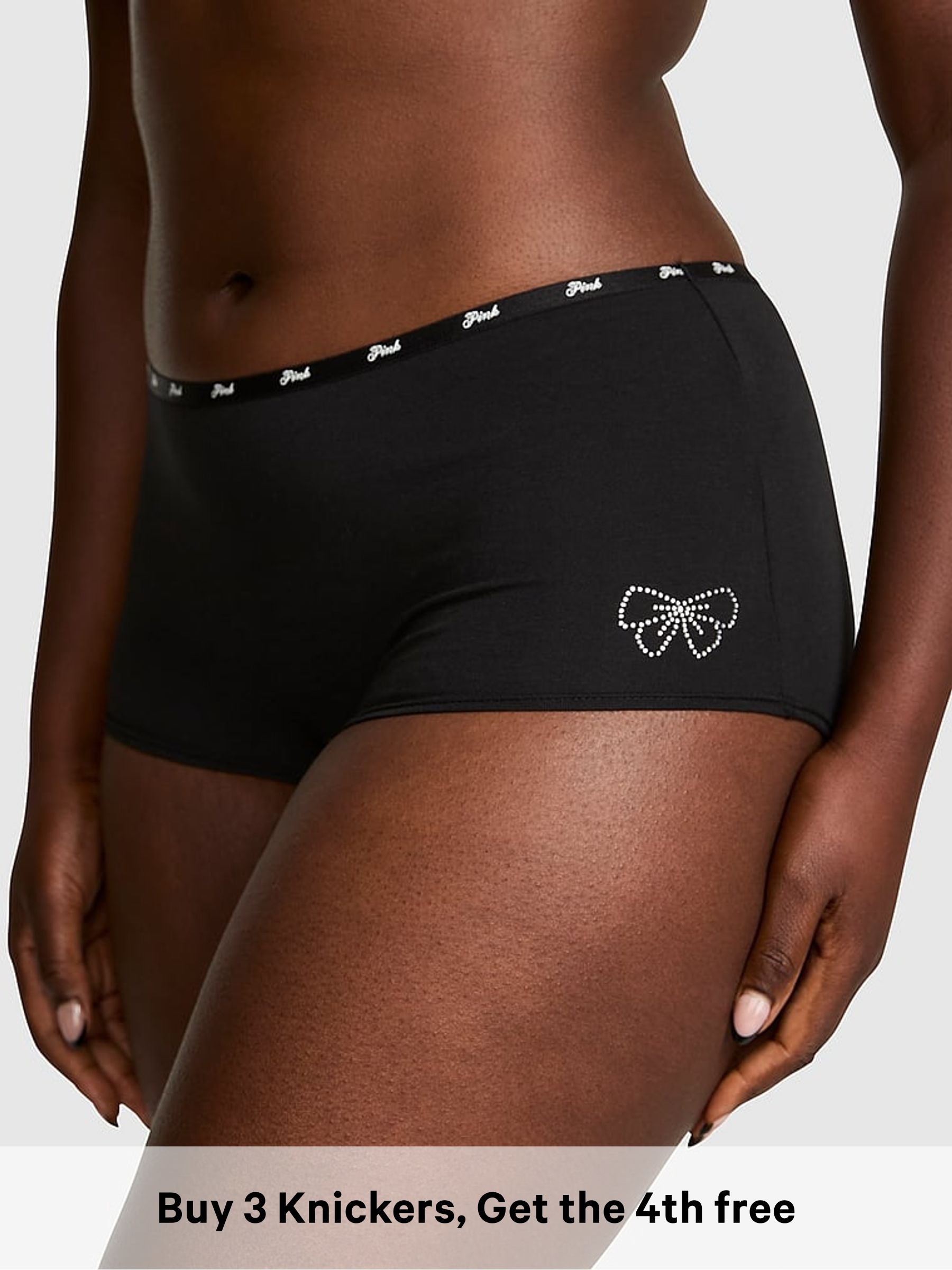 Black with Bow Diamante - Mini Scoop Thong Cotton Mini Logo Knickers