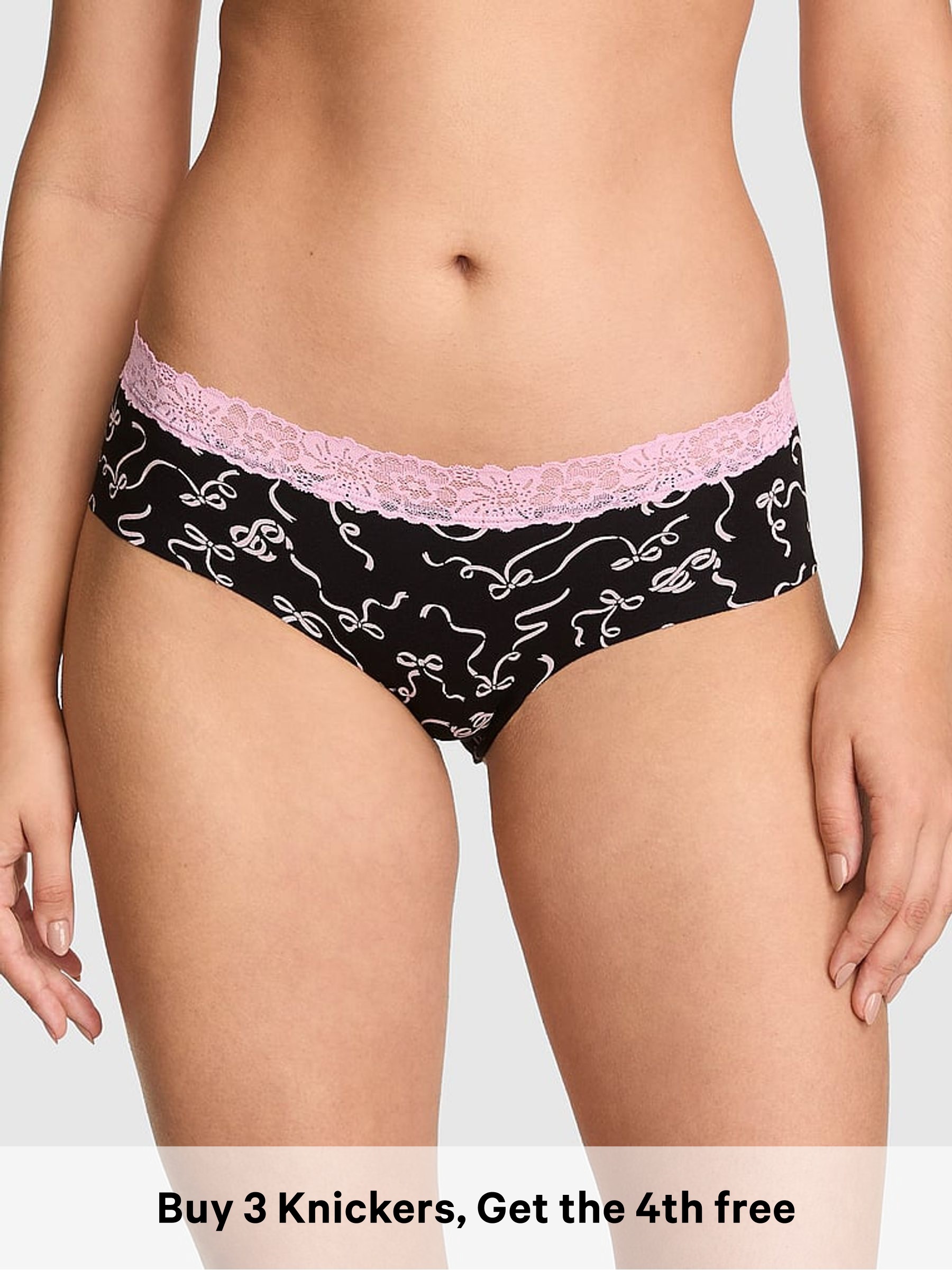 Black and Pink Bows - Hipster Lace Trim Knickers
