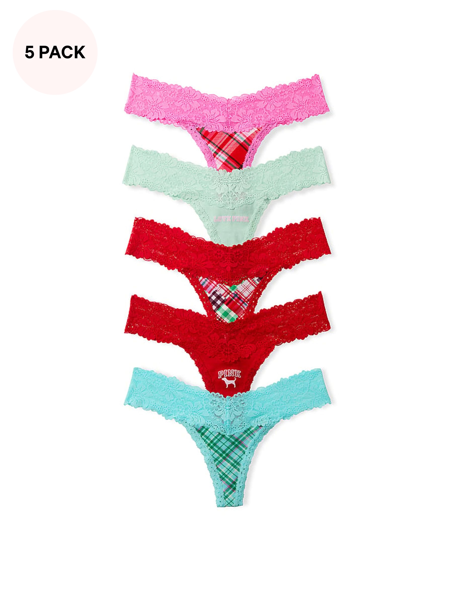 Red/Green/Pink Tartan - Thong 5 Pack Ribbed Lace Trim Knickers