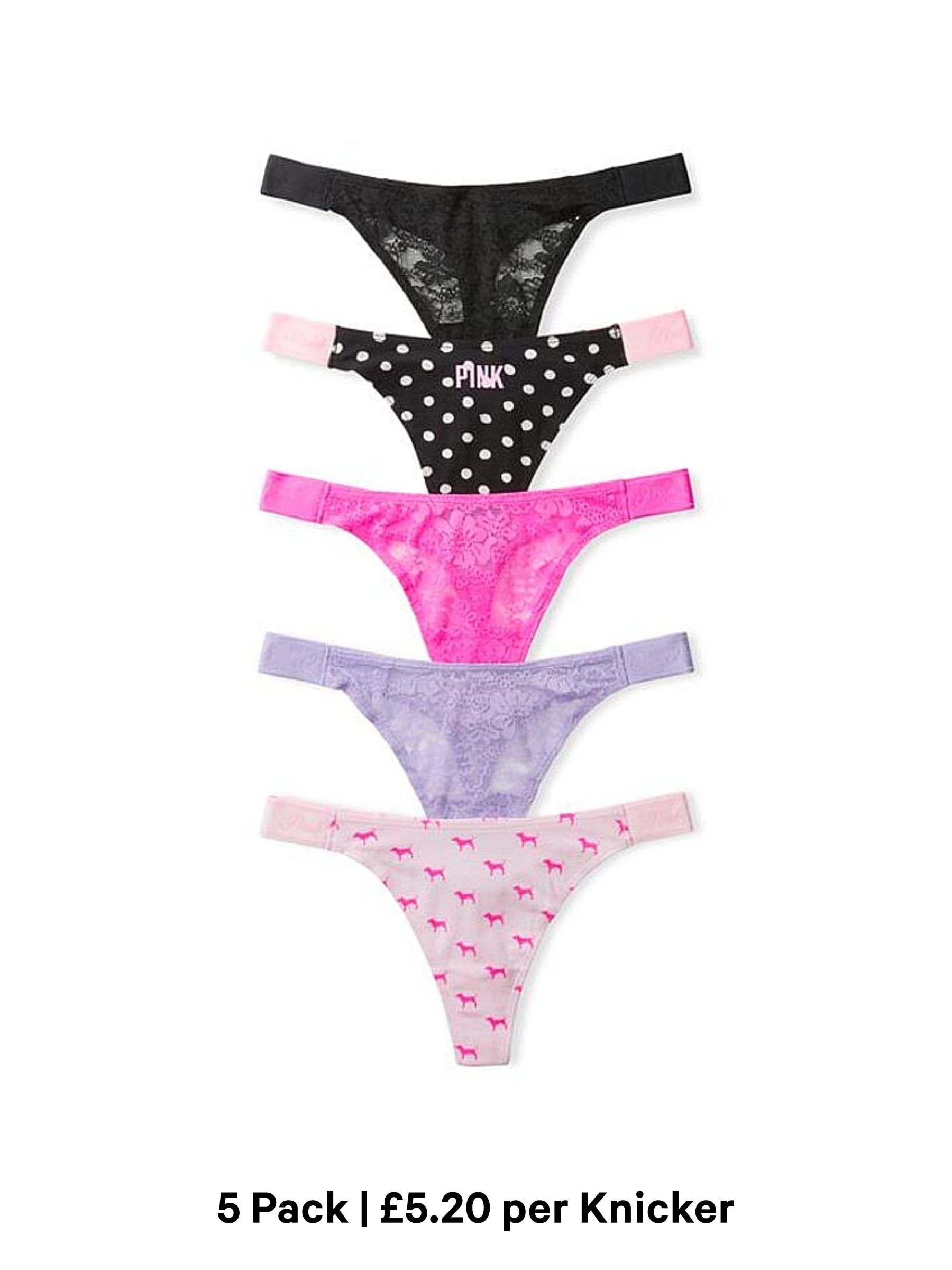 Black/Pink/Purple - Thong 5 Pack Logo Knickers