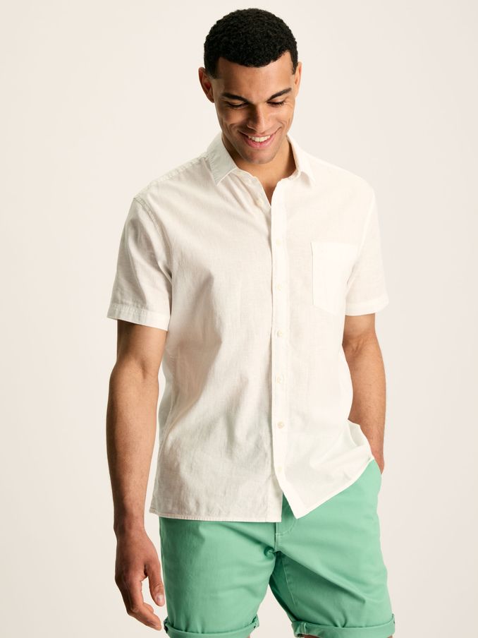 Linen Blend White Plain Short Sleeve Shirt (N52511) | £30