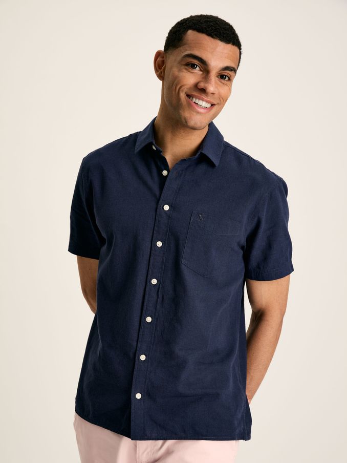 Linen Blend Navy Blue Plain Short Sleeve Shirt (N52524) | £30