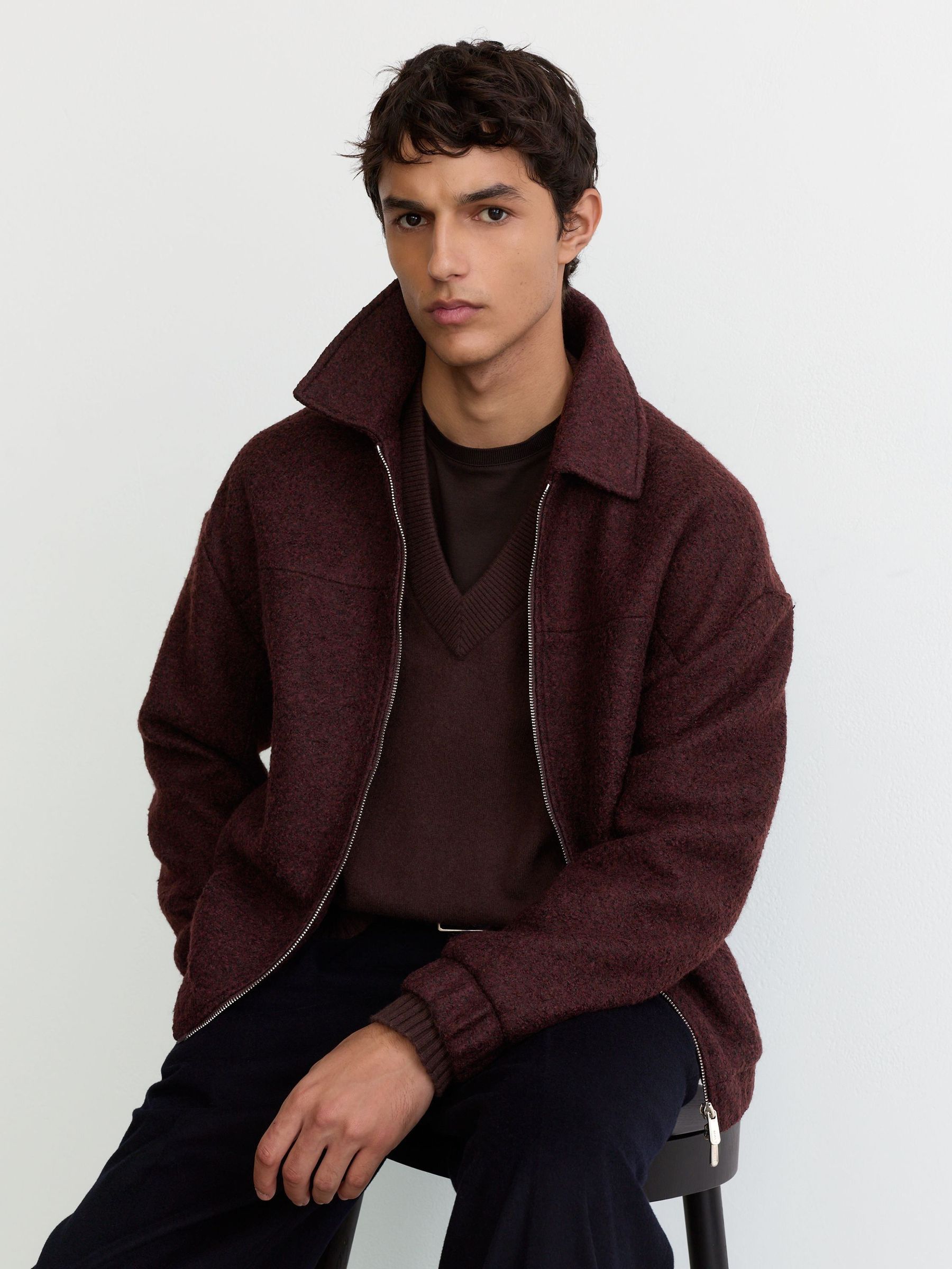Bordeaux Multi - Regular Textured Zip-through Jacket With Wool