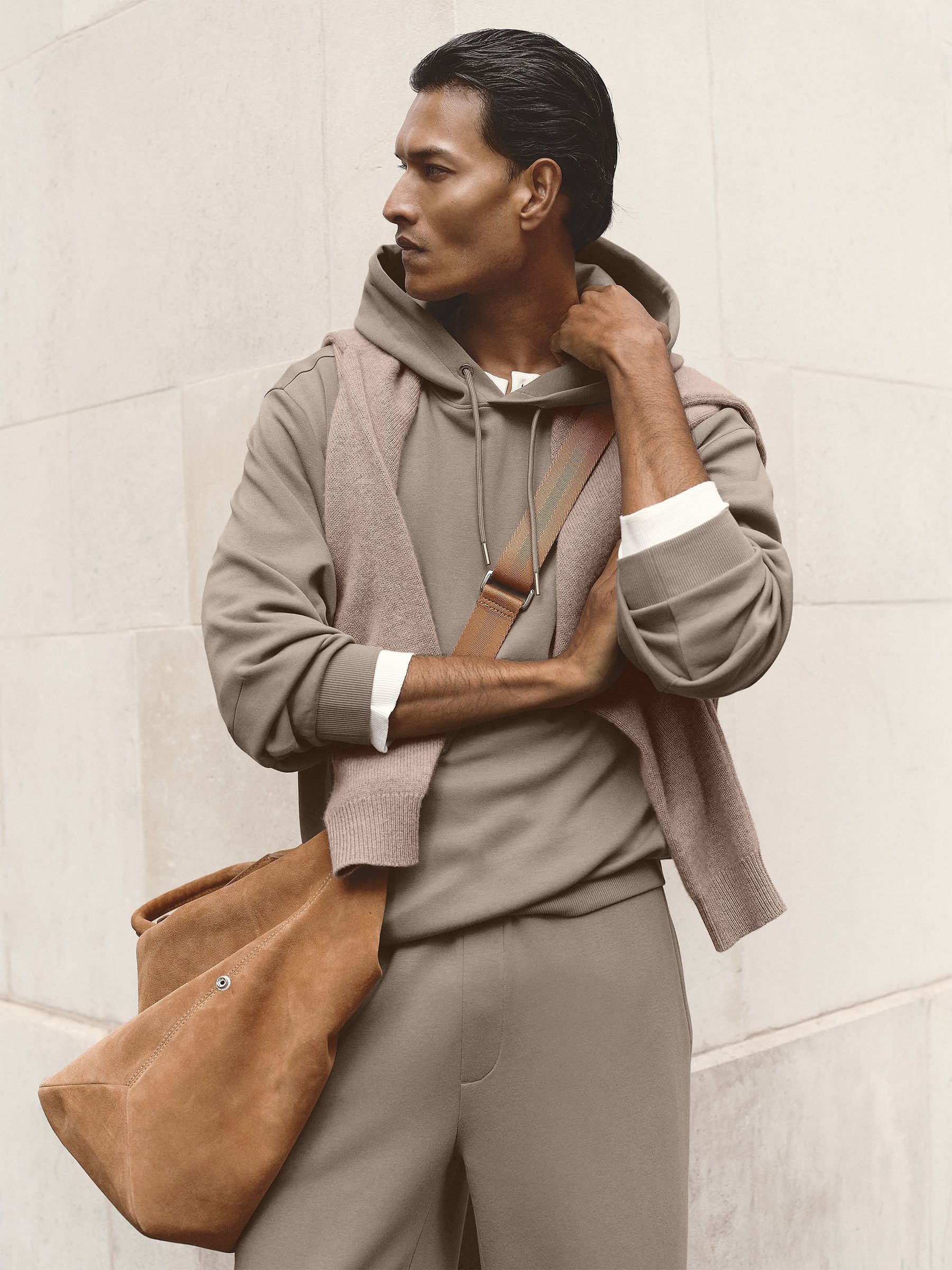 Mushroom Brown - Regular Sueded Interlock Jersey Relaxed-fit Hoodie