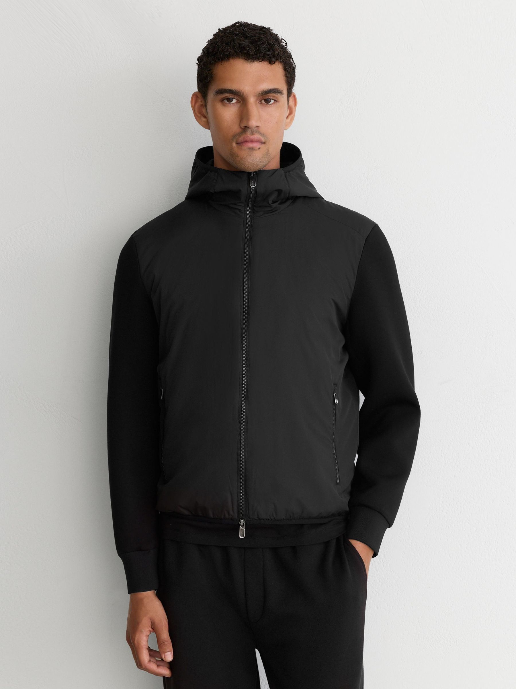 Black - Regular Interlock Hybrid Zip-through Hooded Jacket