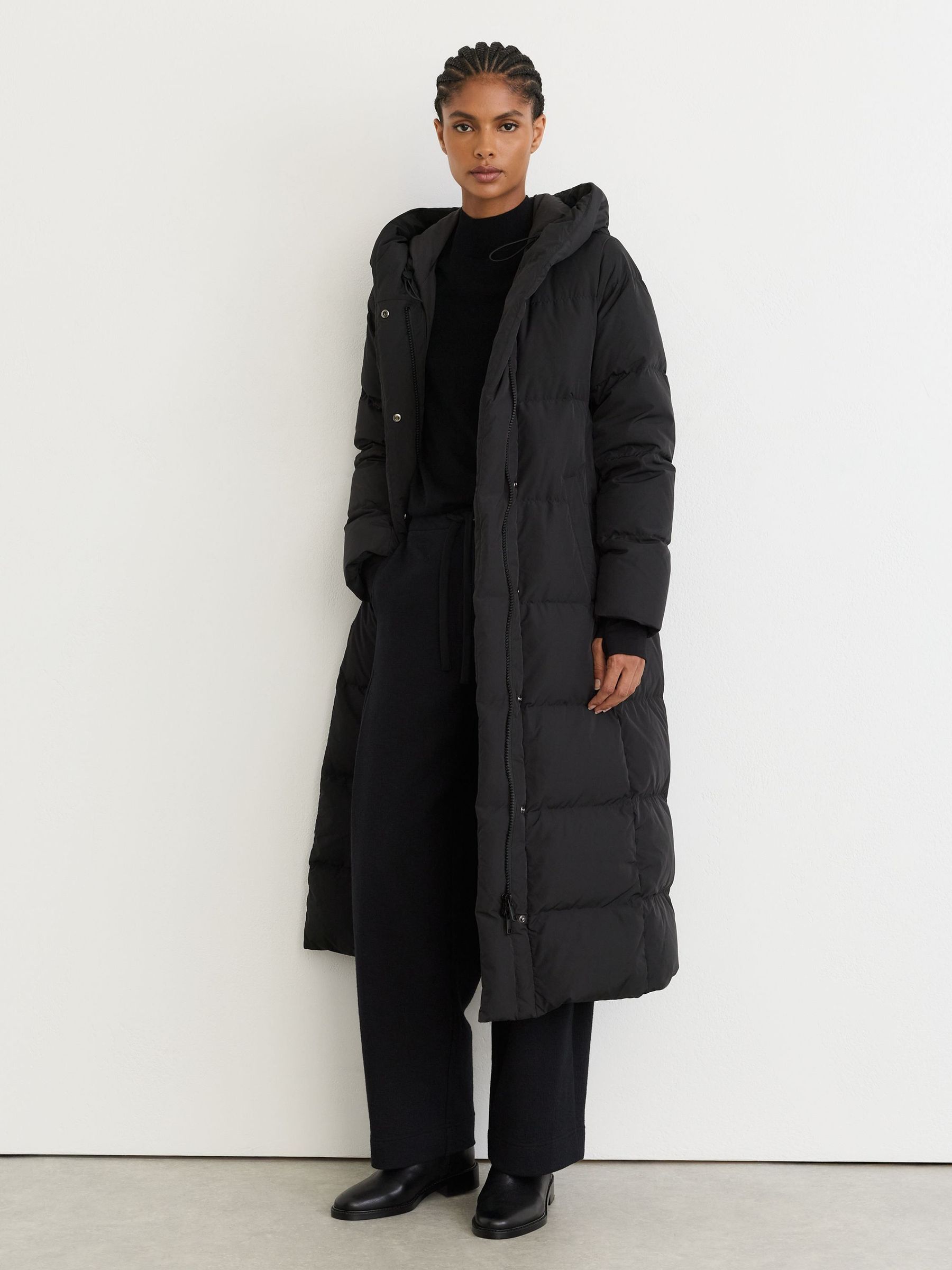 Black - Belted Longline Hooded Puffer Coat