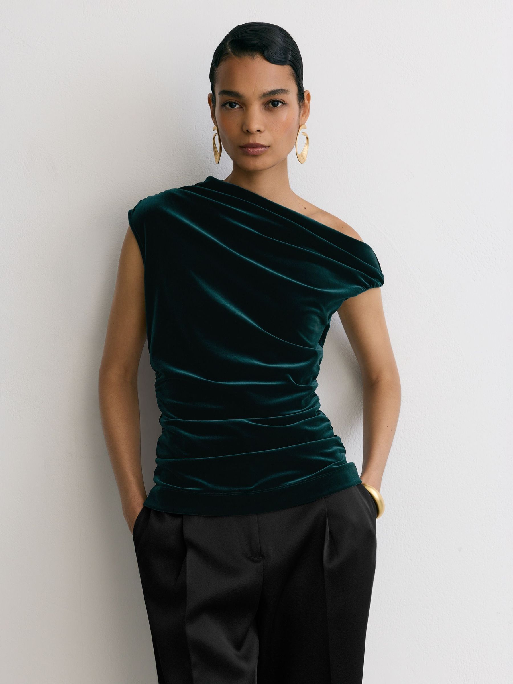 Teal Green - Velvet Off-shoulder Top
