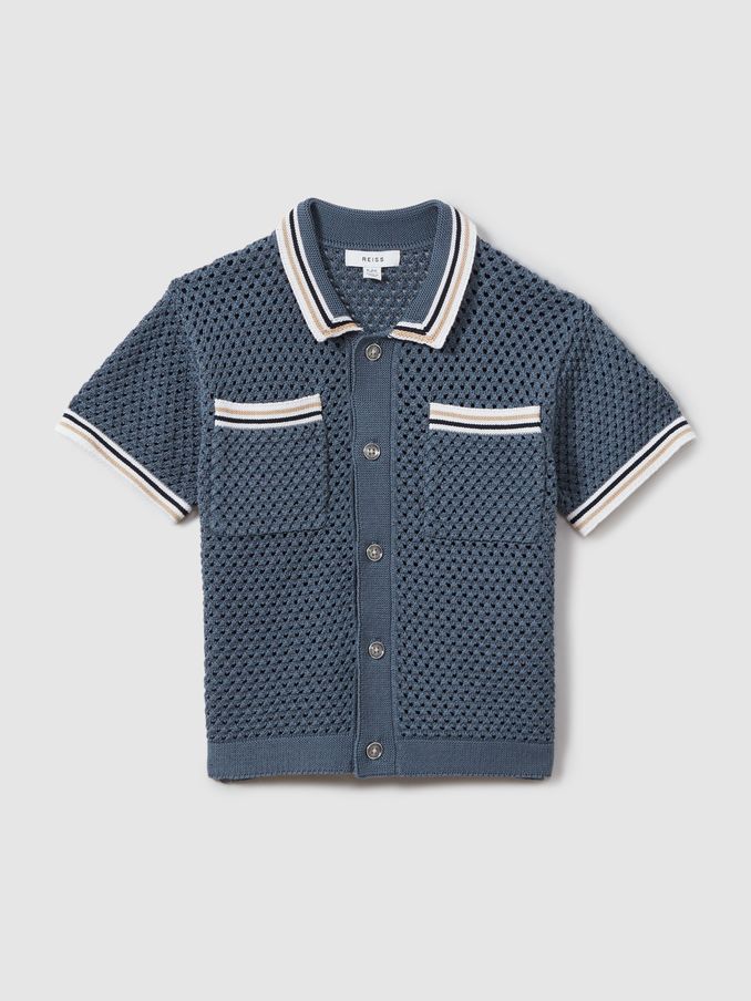 13-14 yrs Crochet Contrast Trim Shirt in Airforce Blue (N71540) | £22