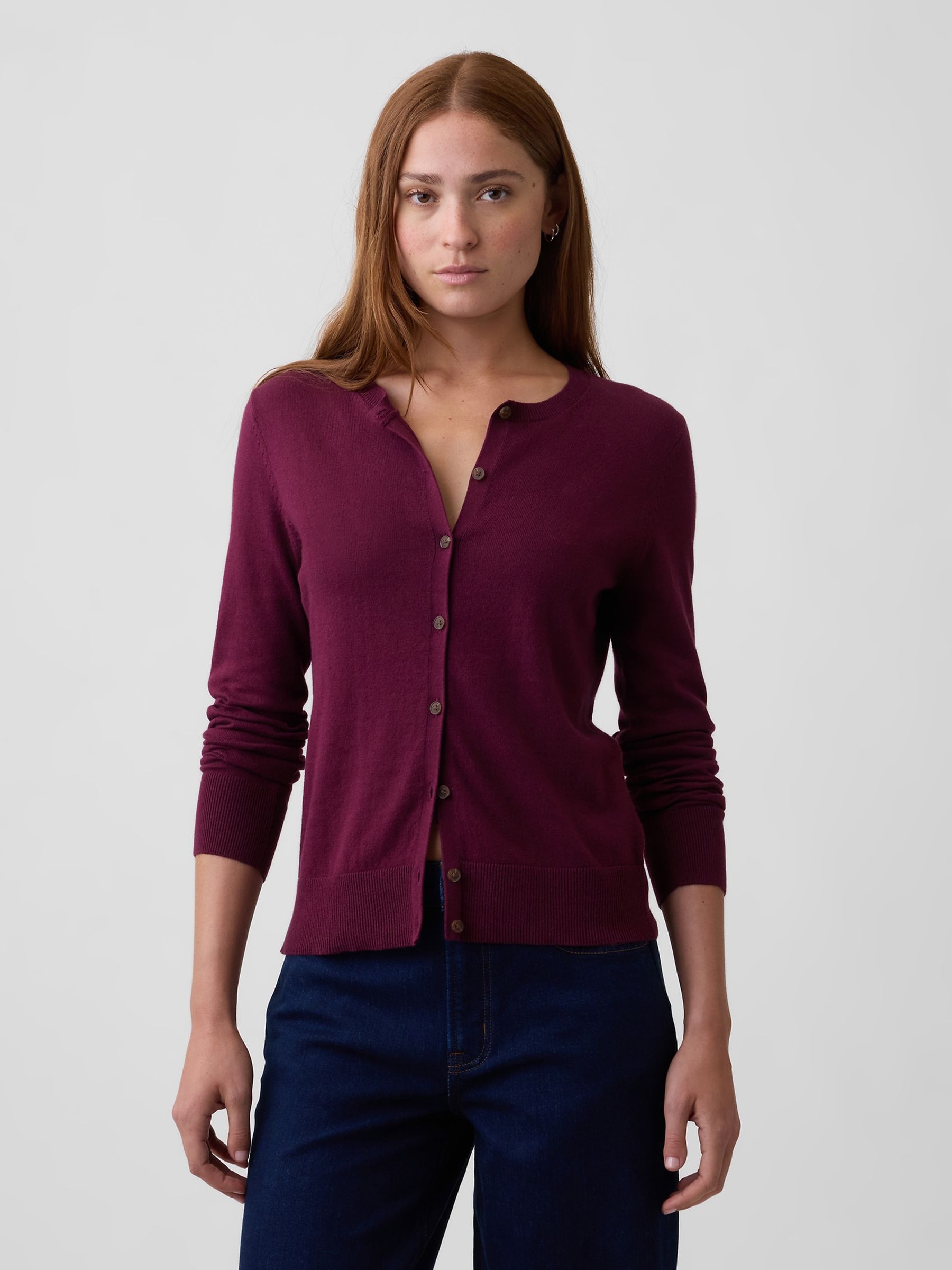 Burgundy Red - Crew Neck Cardigan