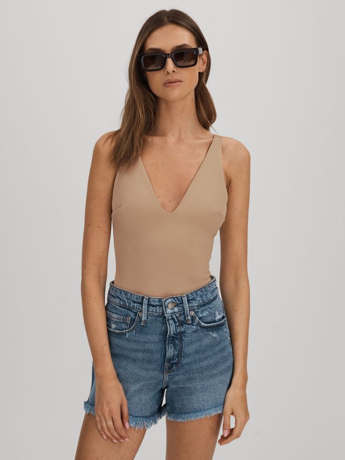 Good American Scuba V-Neck Bodysuit in Champagne Beige (N74059) | £40