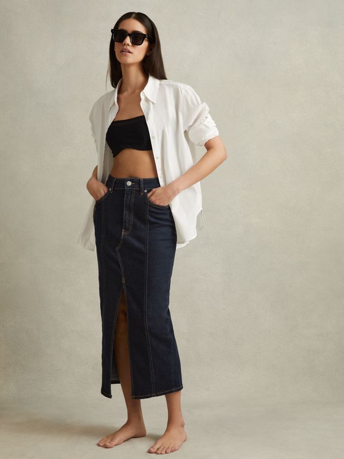 High Rise Denim Midi Skirt in Indigo (N74147) | £68