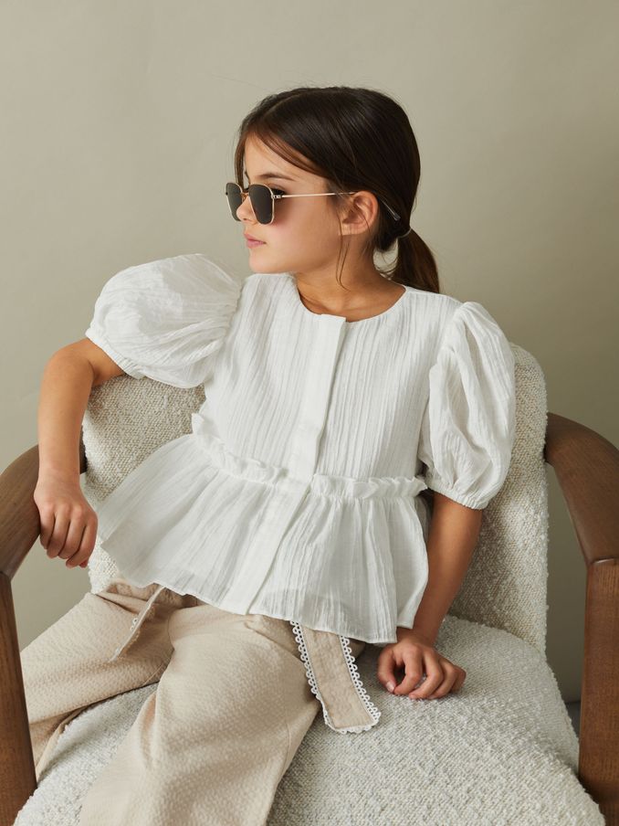 9-13 yrs Puff Sleeve Peplum Top in Ivory (N74209) | £30