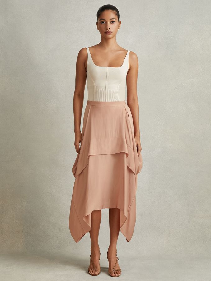Side Pleat Asymmetric Midi Skirt in Nude (N74373) | £58
