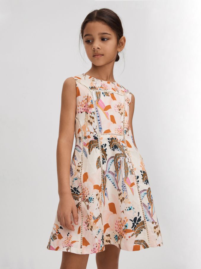 4-9 yrs Linen Cotton Stitch Dress in Pink Print (N74433) | £26