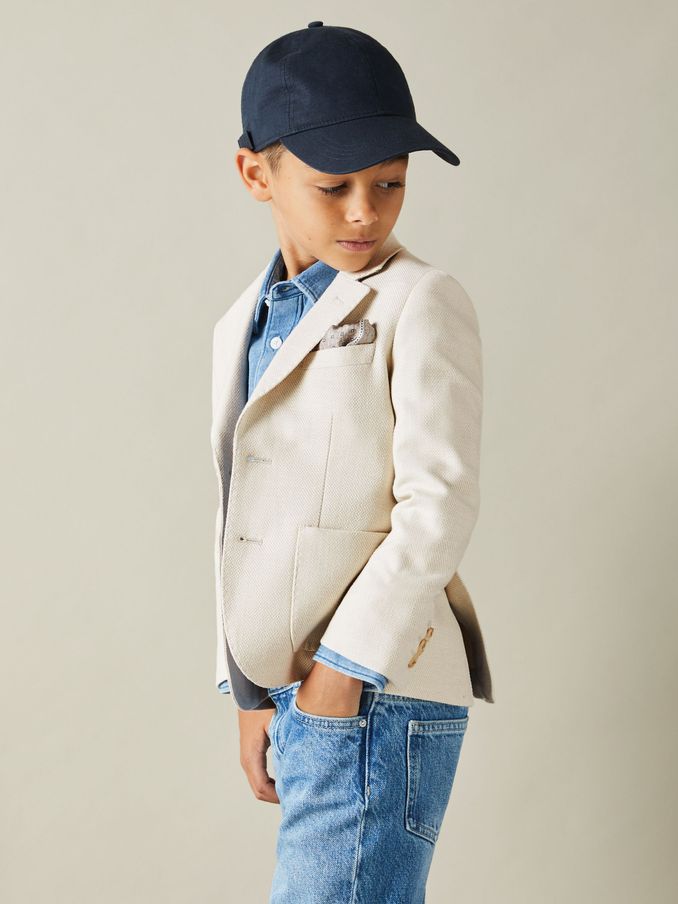 9-13 yrs Slub Check Single Breasted Blazer in Stone (N97993) | £50