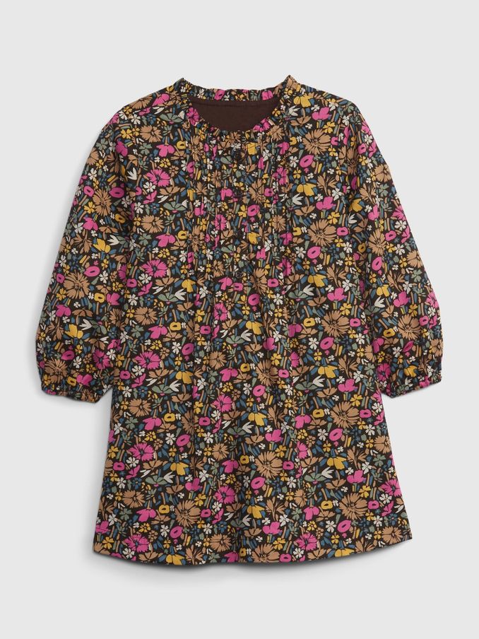 Brown Floral Long Sleeve Round Neck Dress (P22511) | £12