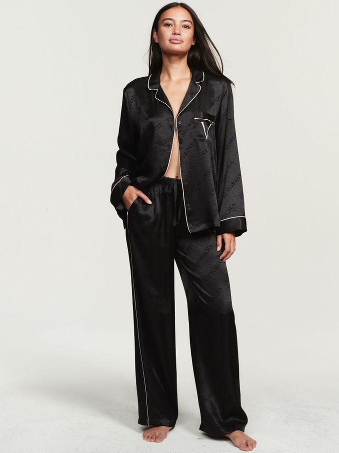 Black Logo Satin Long Pyjamas (P25415) | £30