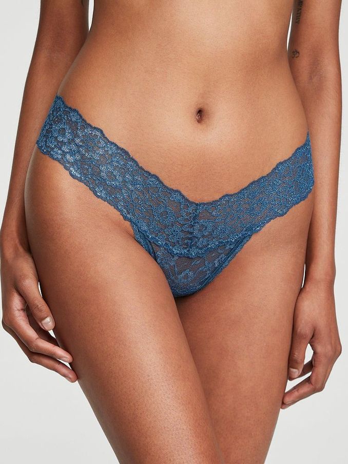 Midnight Sea Blue Silver Core Lace Up Thong Lace Knickers (P29570) | £4