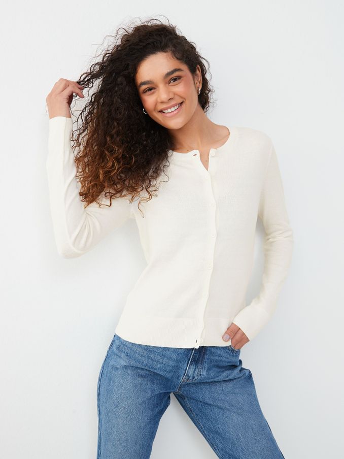 White Lightweight Cotton Long Sleeve Crew Neck Cardigan (P30002) | £25