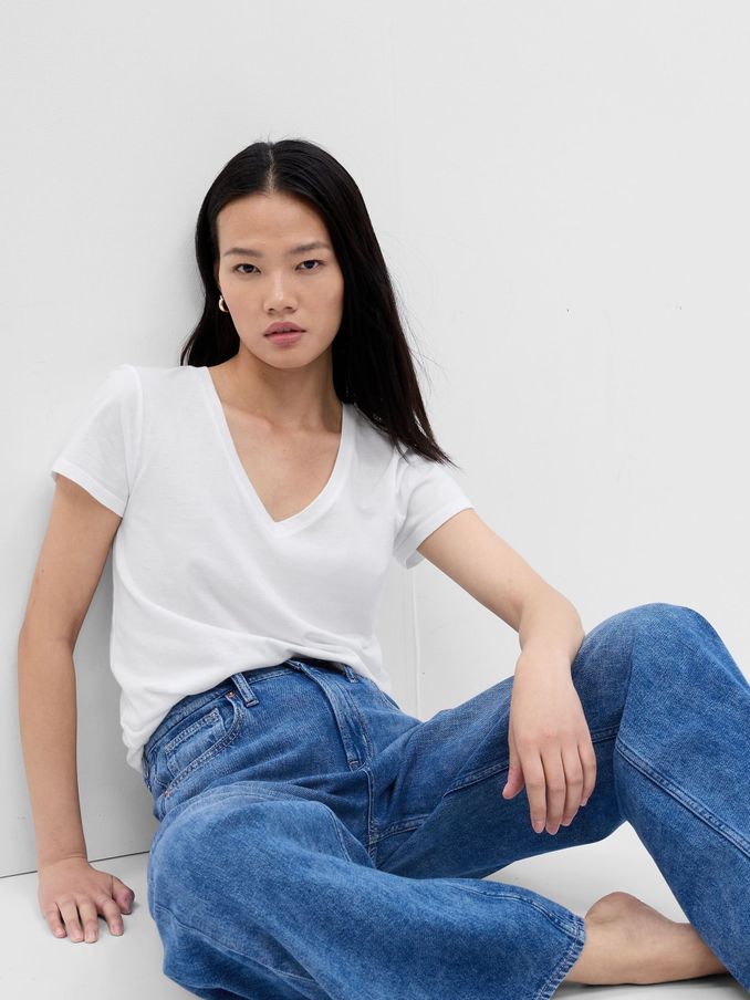 White V-Neck Favourite Cotton-Modal Short Sleeve T-Shirt (P30663) | £12